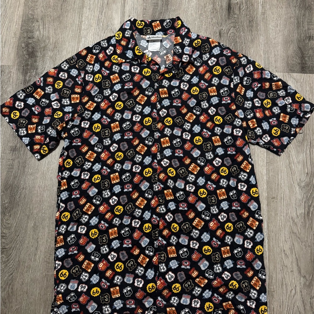 Disney Parks Route 66 All Over Print 100% Rayon Mens M Hawaiian Camp Shirt